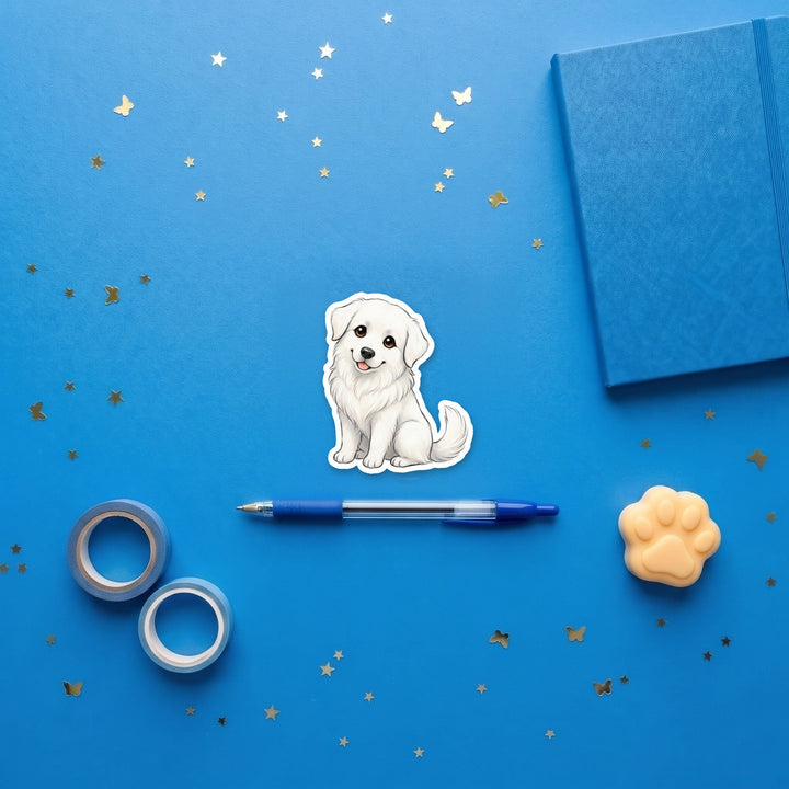 Great Pyrenees White kawaii 3 inch fridge magnet flat lay with blue stationery
