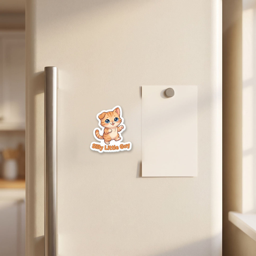 Silly Little Guy magnet on a refrigerator door