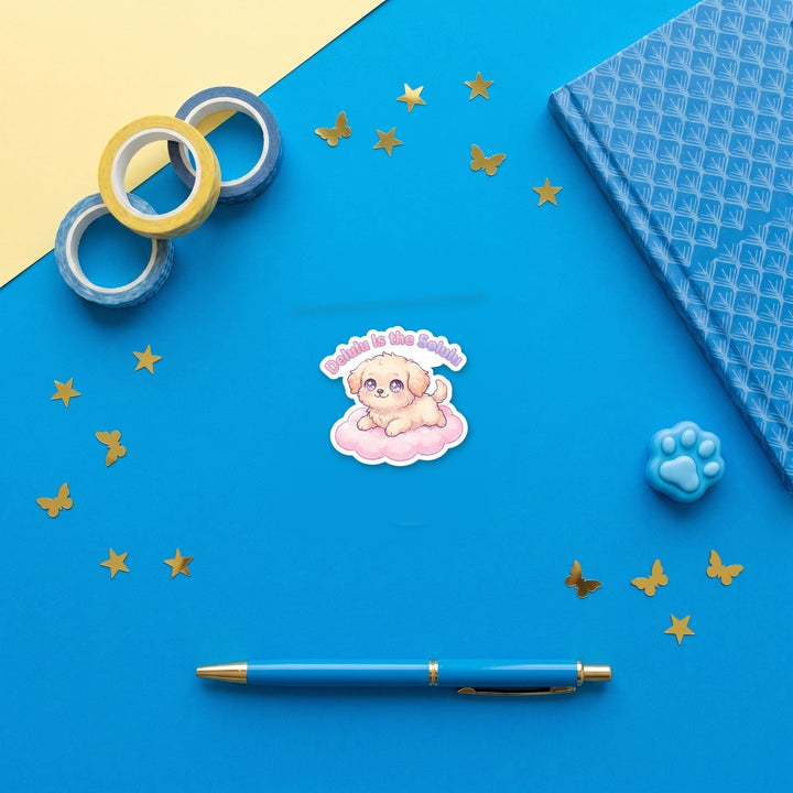 Delulu Is the Solulu 3 inch fridge magnet flat lay with blue stationery