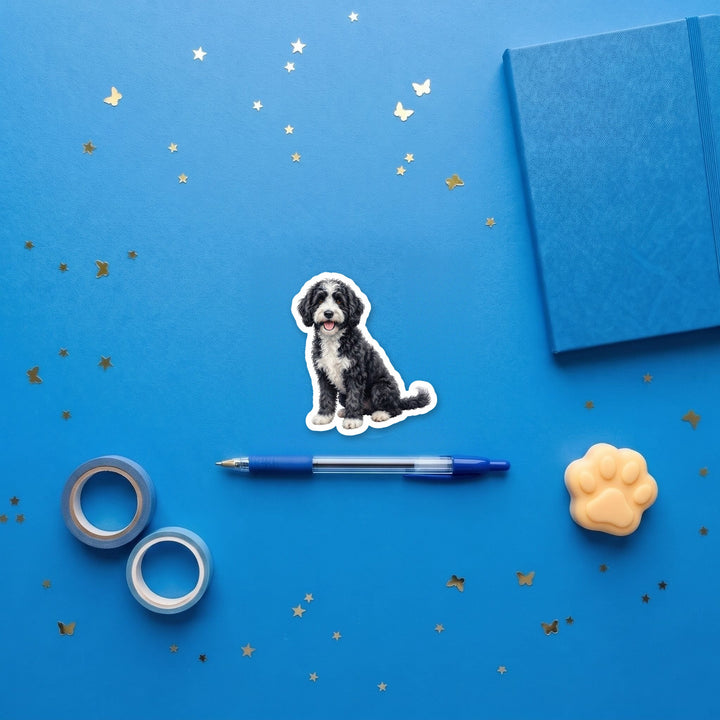 Bernedoodle Black and White Bicolor watercolor 3 inch fridge magnet flat lay with blue stationery