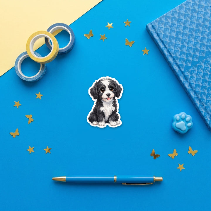 Bernedoodle Black and White Bicolor kawaii 3 inch fridge magnet flat lay with blue stationery