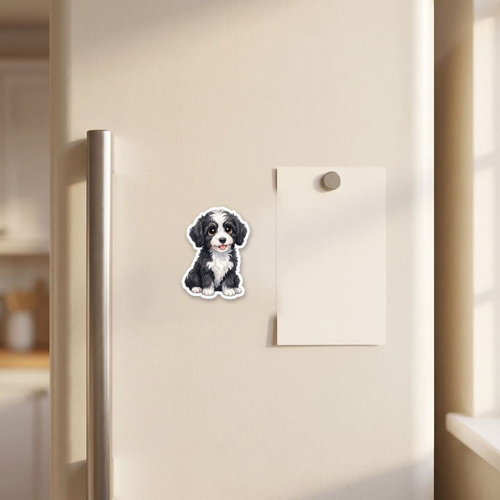 Bernedoodle Black and White Bicolor kawaii magnet on a refrigerator door