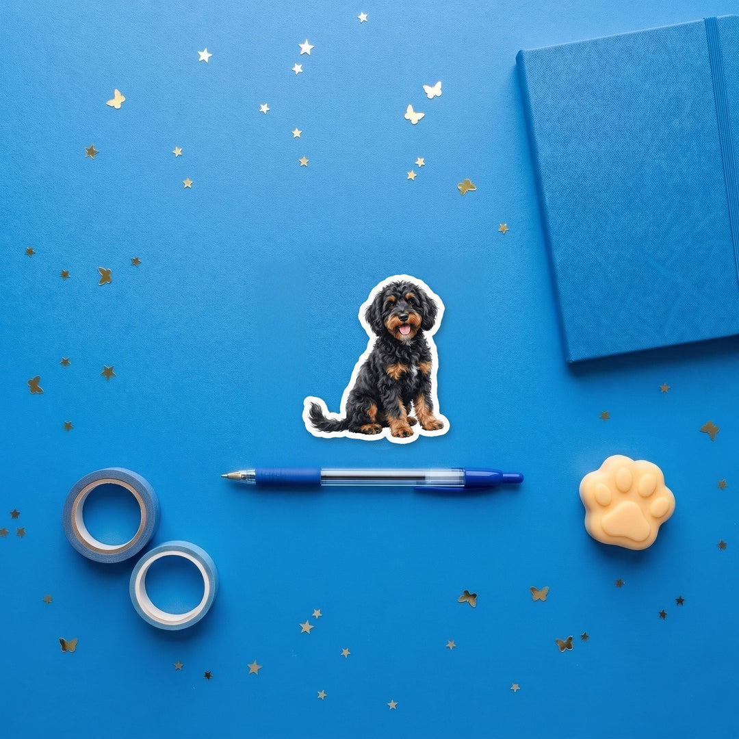 Bernedoodle Black Phantom watercolor 3 inch fridge magnet flat lay with blue stationery
