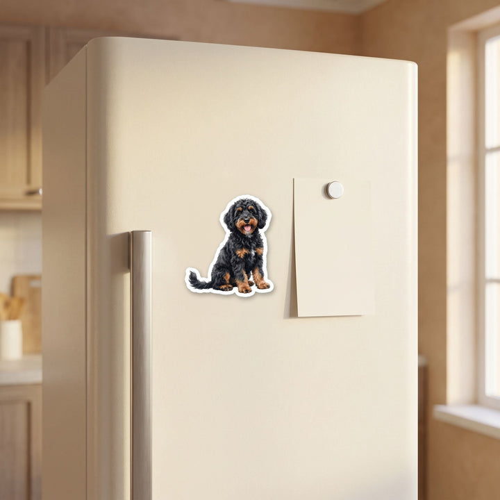 Bernedoodle Black Phantom watercolor magnet on a refrigerator door