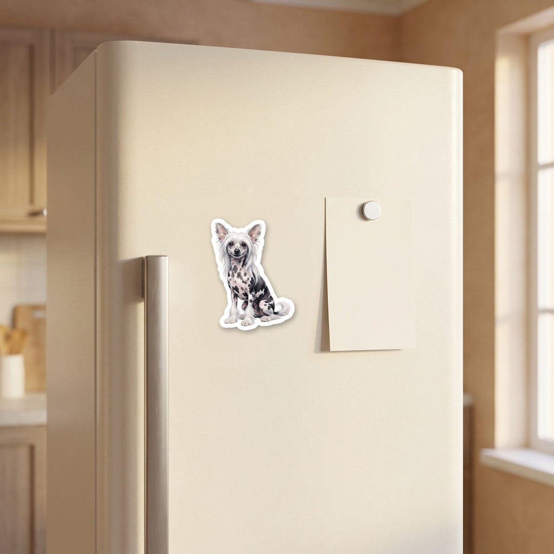 Chinese Crested Black and White Hairless watercolor magnet on a refrigerator door