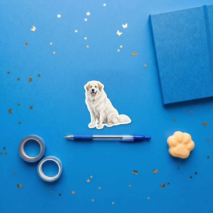 Great Pyrenees White with Tan Markings watercolor 3 inch fridge magnet flat lay with blue stationery