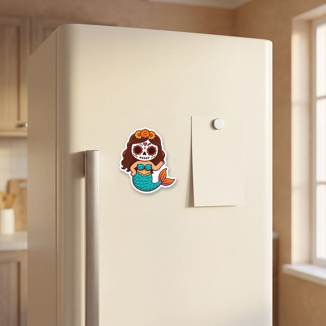 Sugar Skull Mermaid kawaii magnet on a refrigerator door