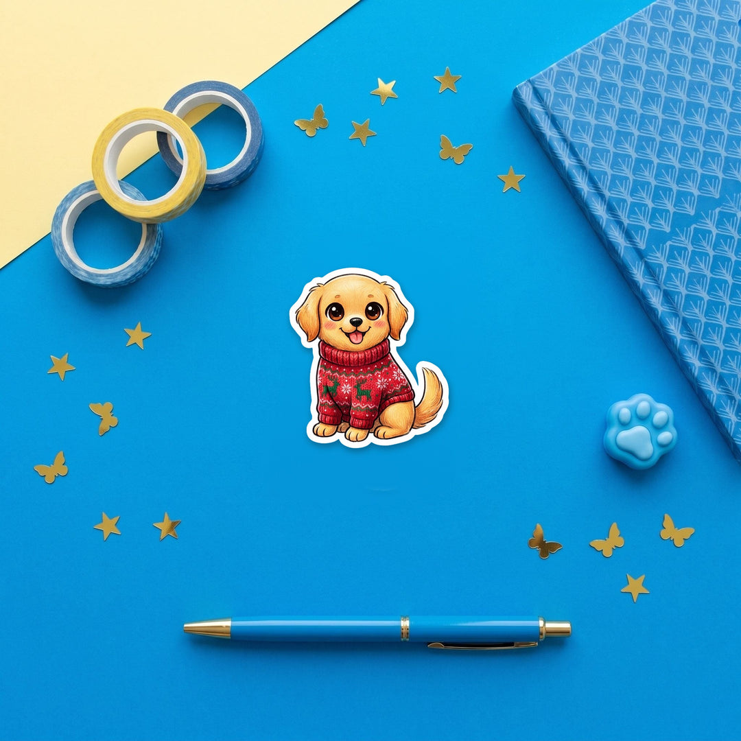 Golden Retriever Light Golden Ugly Sweater kawaii 3 inch fridge magnet flat lay with blue stationery