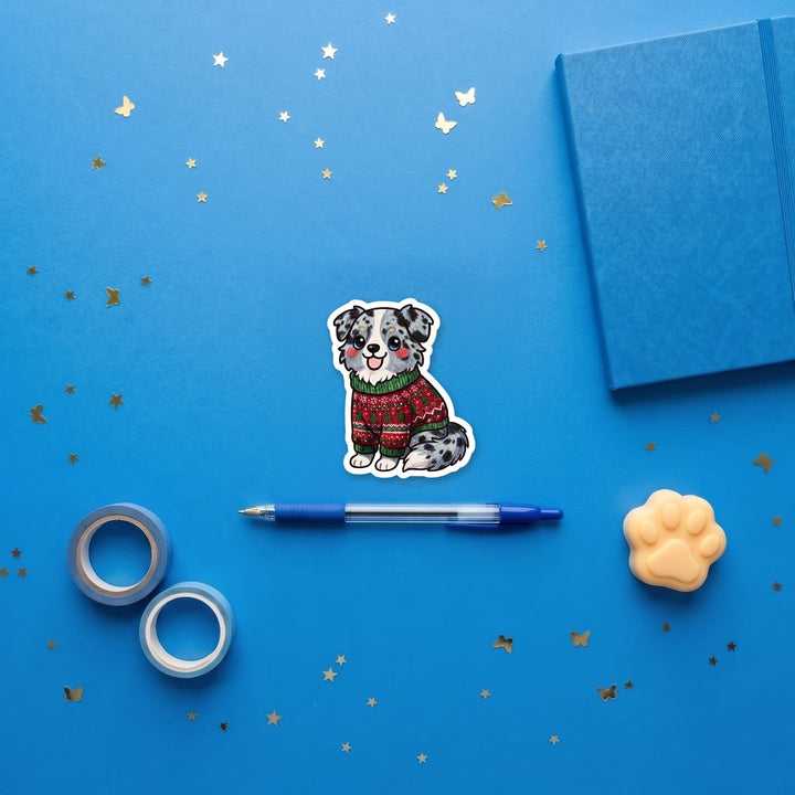 Australian Shepherd Blue Merle Ugly Sweater kawaii 3 inch fridge magnet flat lay with blue stationery