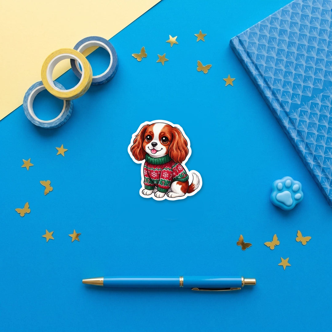Cavalier King Charles Blenheim Ugly Sweater kawaii 3 inch fridge magnet flat lay with blue stationery