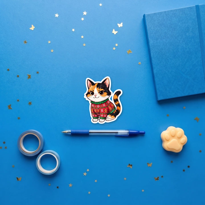 Calico Cat Tricolor Ugly Sweater kawaii 3 inch fridge magnet flat lay with blue stationery