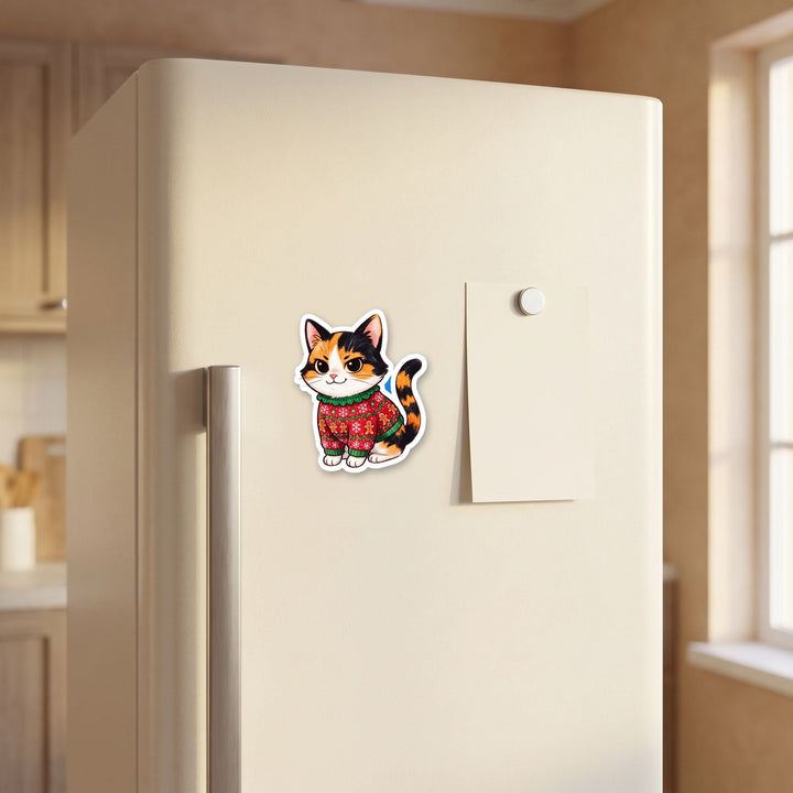 Calico Cat Tricolor Ugly Sweater kawaii magnet on a refrigerator door