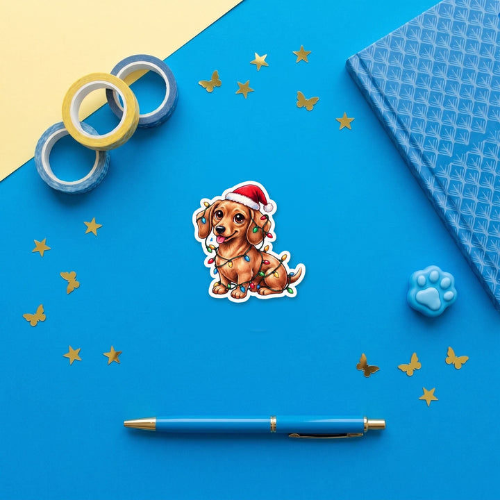 Dachshund Red Christmas Lights kawaii 3 inch fridge magnet flat lay with blue stationery