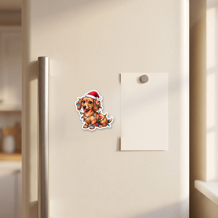 Dachshund Red Christmas Lights kawaii magnet on a refrigerator door