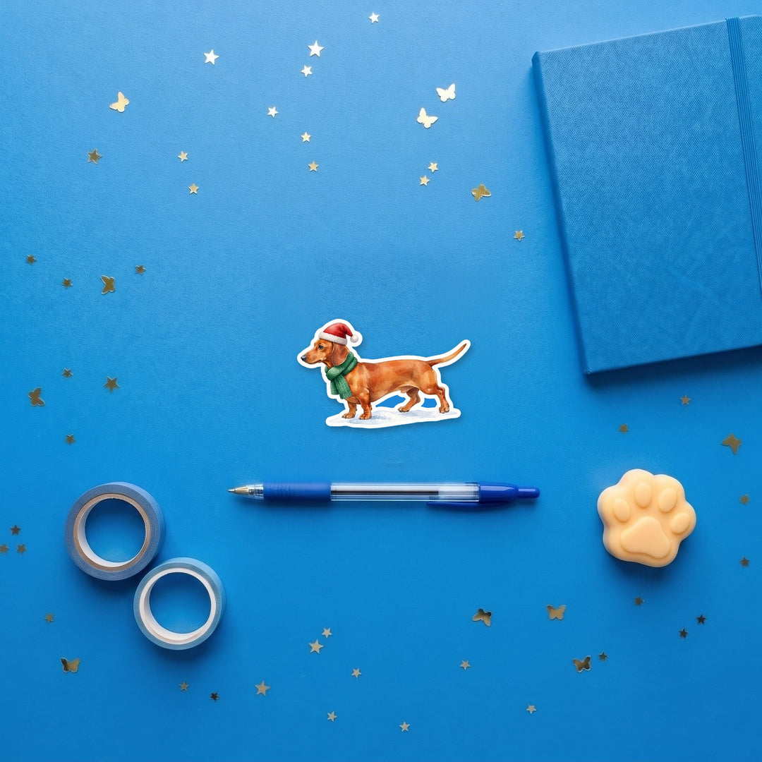 Dachshund Red Santa Hat watercolor 3 inch fridge magnet flat lay with blue stationery