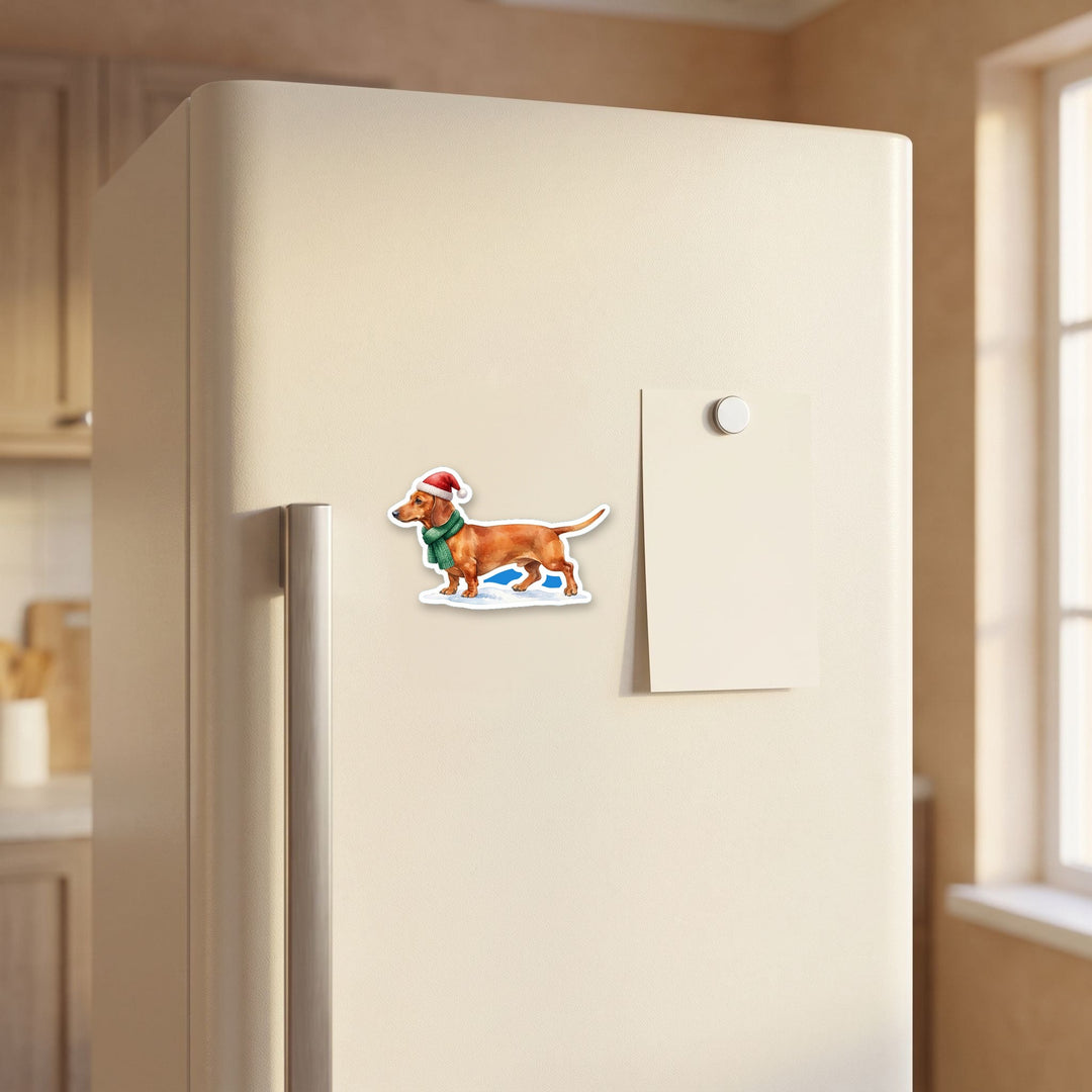Dachshund Red Santa Hat watercolor magnet on a refrigerator door
