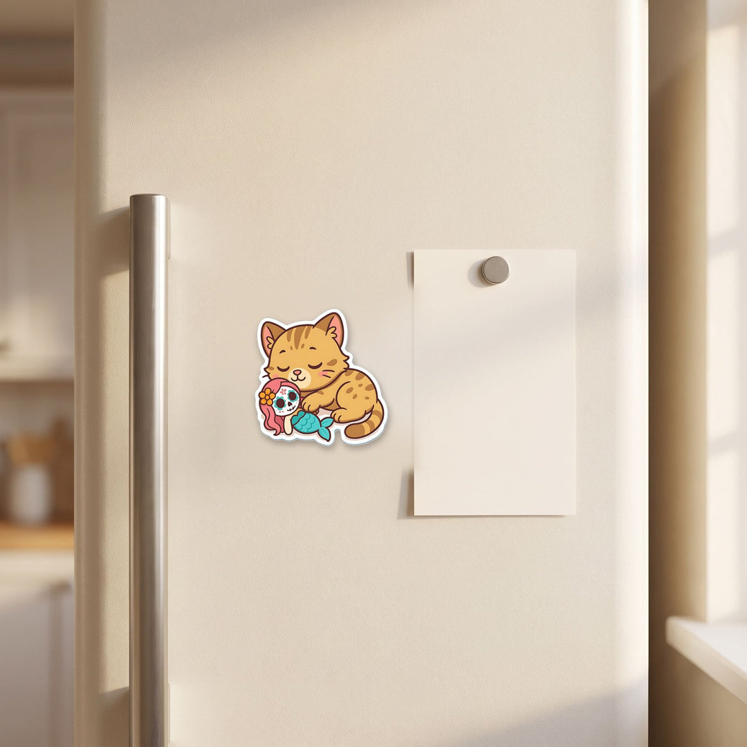 Sleeping Cat and Sugar Skull Mermaid kawaii magnet on a refrigerator door