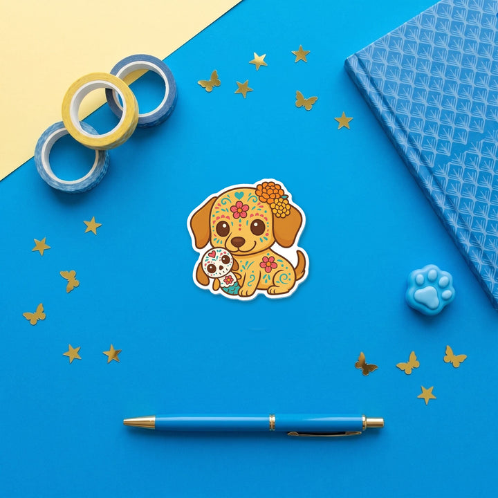 Sugar Skull Puppy Golden kawaii 3 inch fridge magnet flat lay with blue stationery