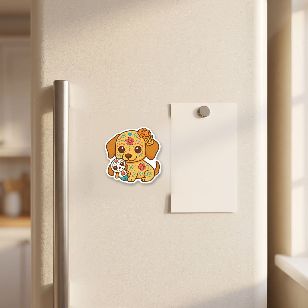 Sugar Skull Puppy Golden kawaii magnet on a refrigerator door