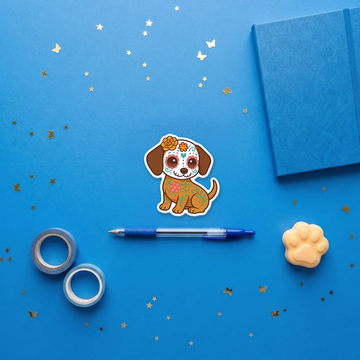 Sugar Skull Puppy Brown kawaii 3 inch fridge magnet flat lay with blue stationery