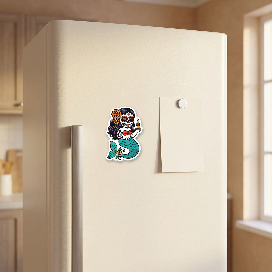 Candle Sugar Skull Mermaid magnet on a refrigerator door