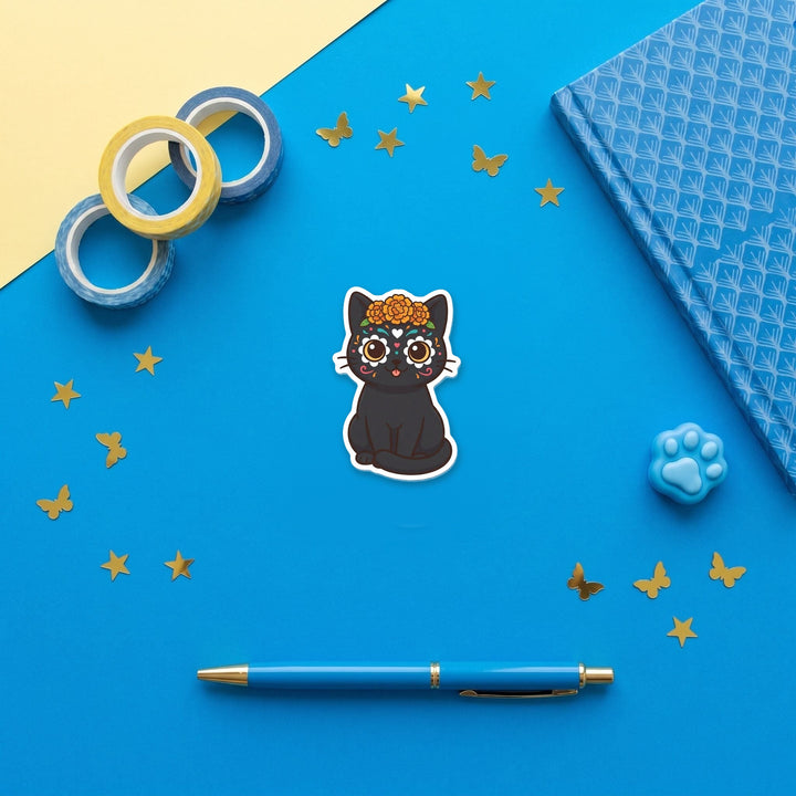 Black Cat Sugar Skull kawaii 3 inch fridge magnet flat lay with blue stationery