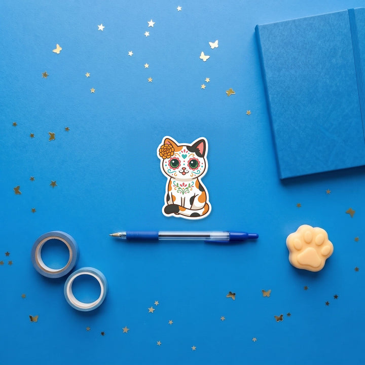 Calico Cat Sugar Skull kawaii 3 inch fridge magnet flat lay with blue stationery