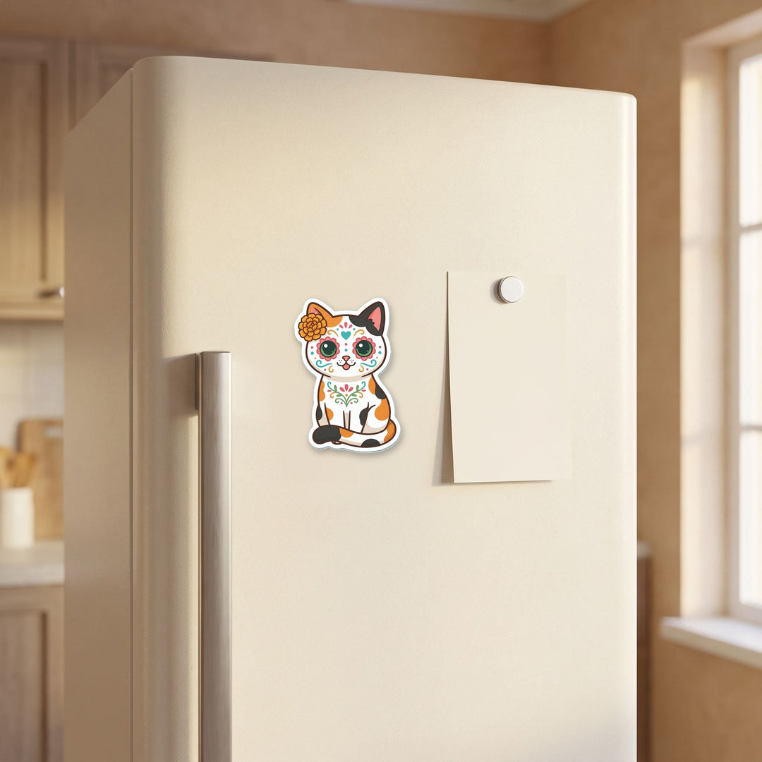 Calico Cat Sugar Skull kawaii magnet on a refrigerator door