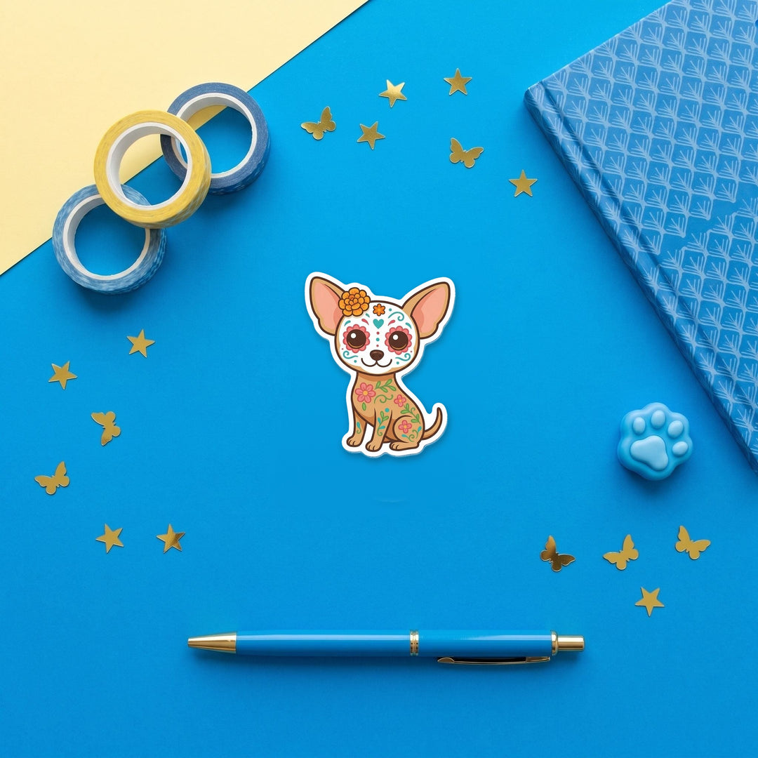 Chihuahua Fawn Sugar Skull kawaii 3 inch fridge magnet flat lay with blue stationery