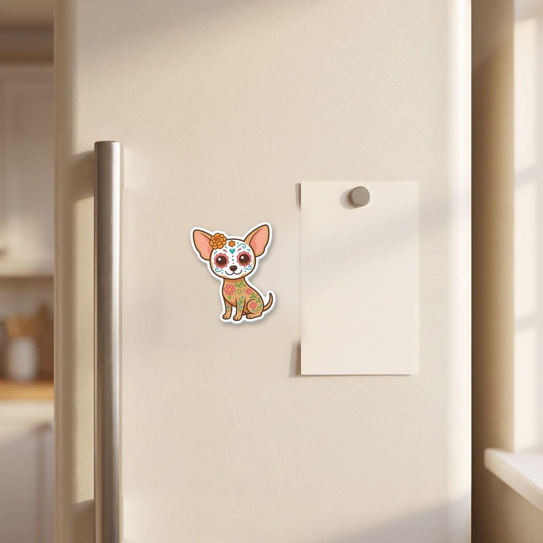 Chihuahua Fawn Sugar Skull kawaii magnet on a refrigerator door