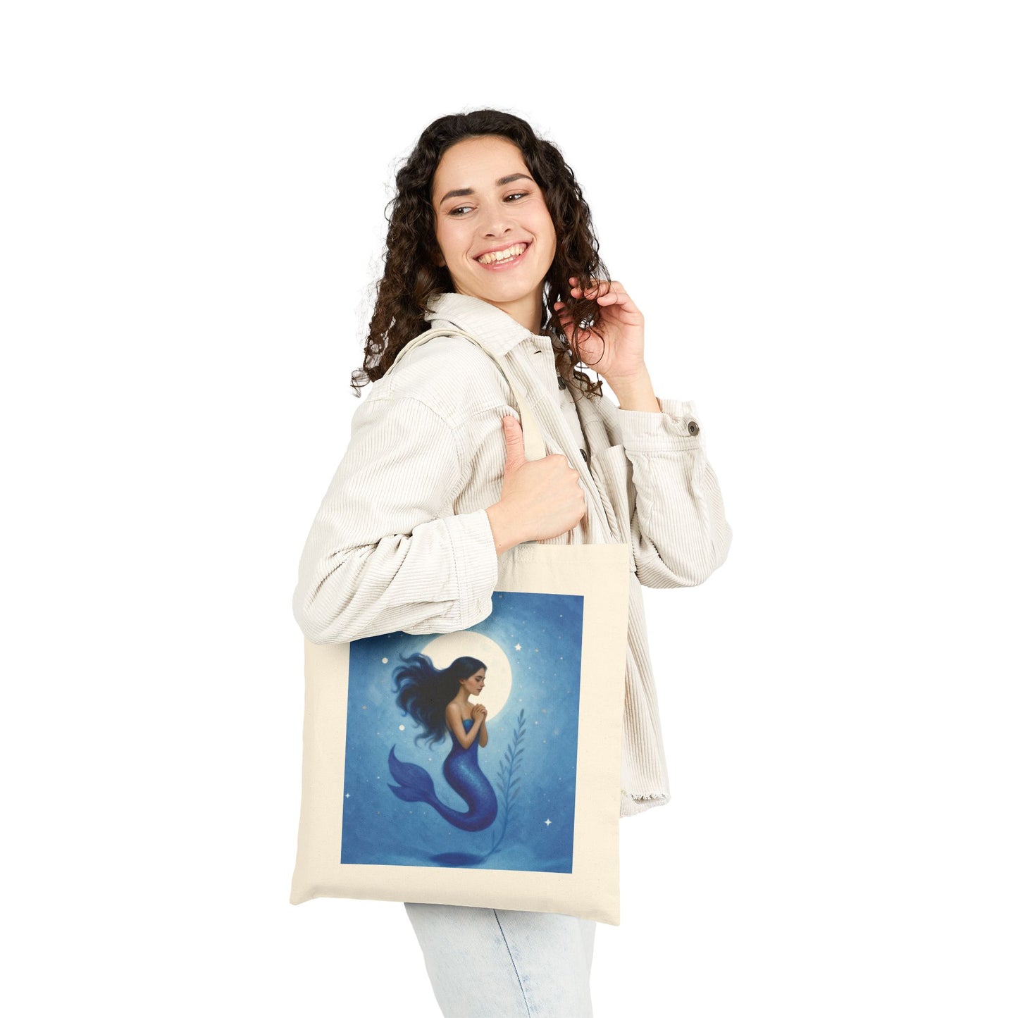 Mermaid Moon Canvas Tote — Ocean Blue Mermaid Illustration Beach Bag