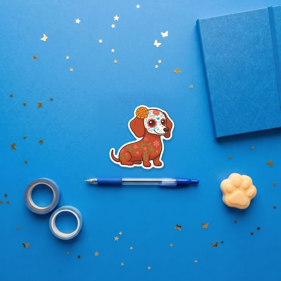 Dachshund Red Sugar Skull kawaii 3 inch fridge magnet flat lay with blue stationery