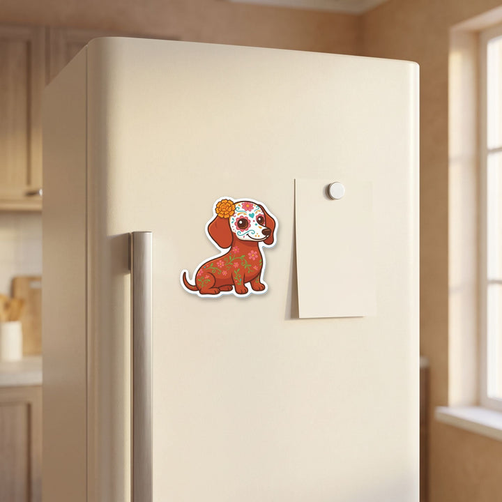 Dachshund Red Sugar Skull kawaii magnet on a refrigerator door