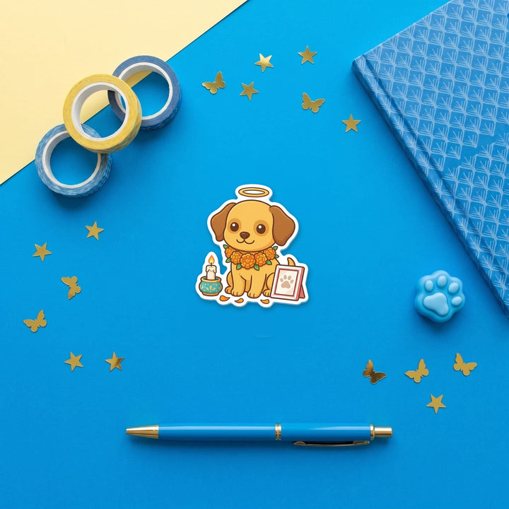Pet Memorial Dog kawaii 3 inch fridge magnet flat lay with blue stationery