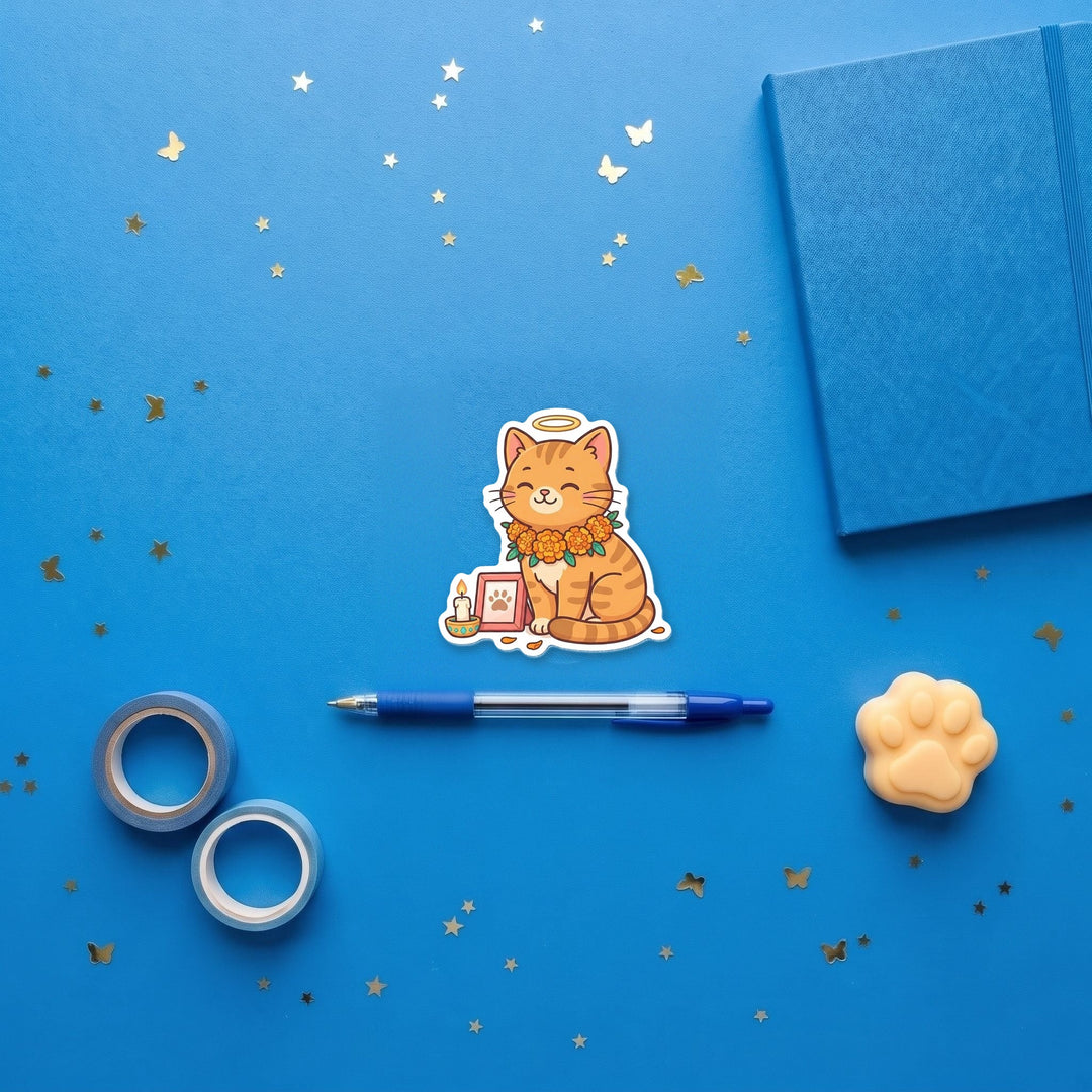 Pet Memorial Cat kawaii 3 inch fridge magnet flat lay with blue stationery
