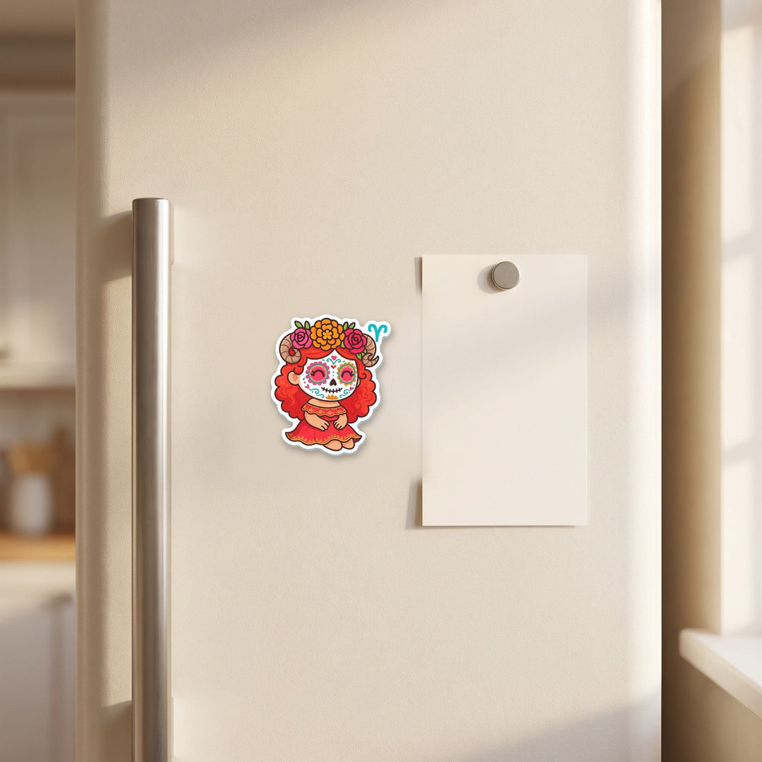 Aries Sugar Skull Girl magnet on a refrigerator door