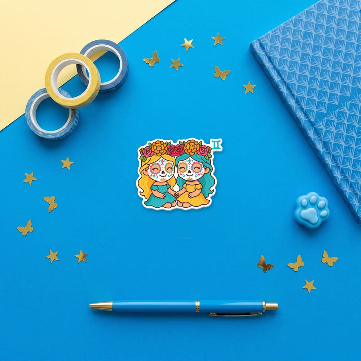 Gemini Sugar Skull Girls 3 inch fridge magnet flat lay with blue stationery