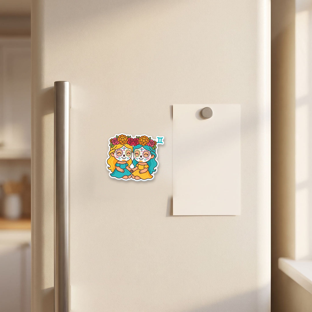 Gemini Sugar Skull Girls magnet on a refrigerator door