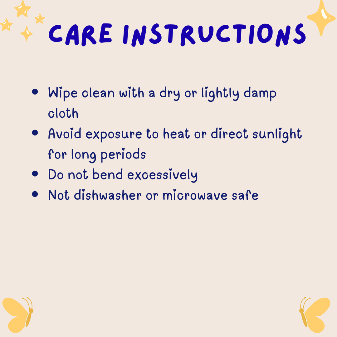 Care instructions for a product on a light background with decorative elements.