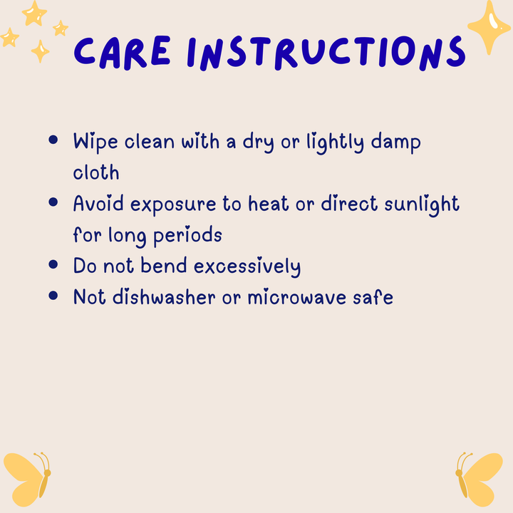 Care instructions for a product on a light background with decorative elements.