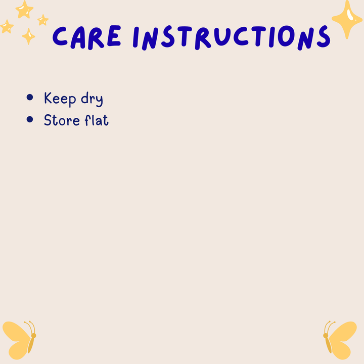 Care instructions text on a light beige background with decorative elements.