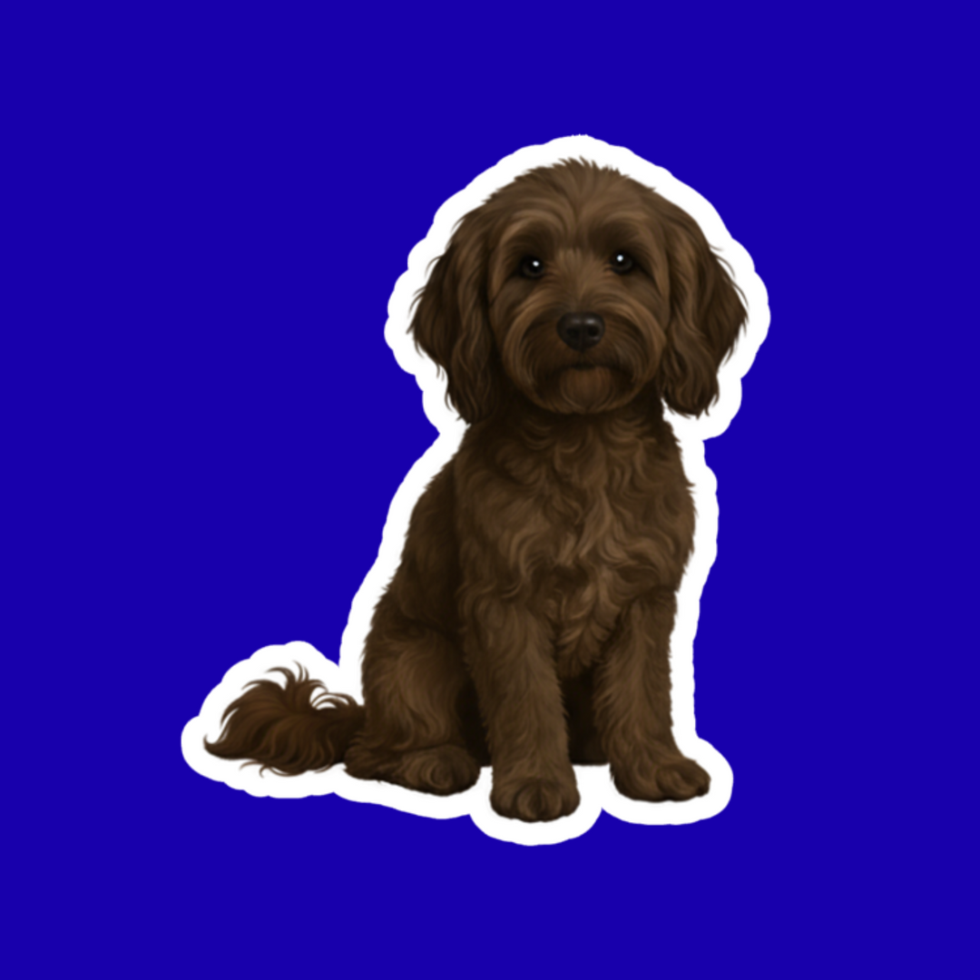 Sticker of a brown dog on a blue background