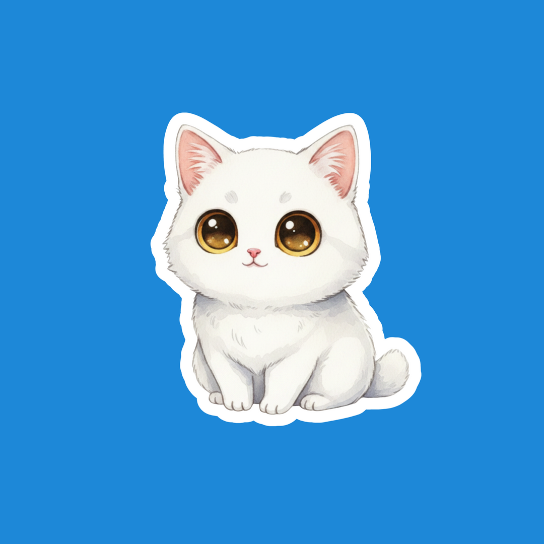 A cute cartoon-style white kitten sticker or decal with large amber eyes and pink inner ears, shown on a solid blue background.