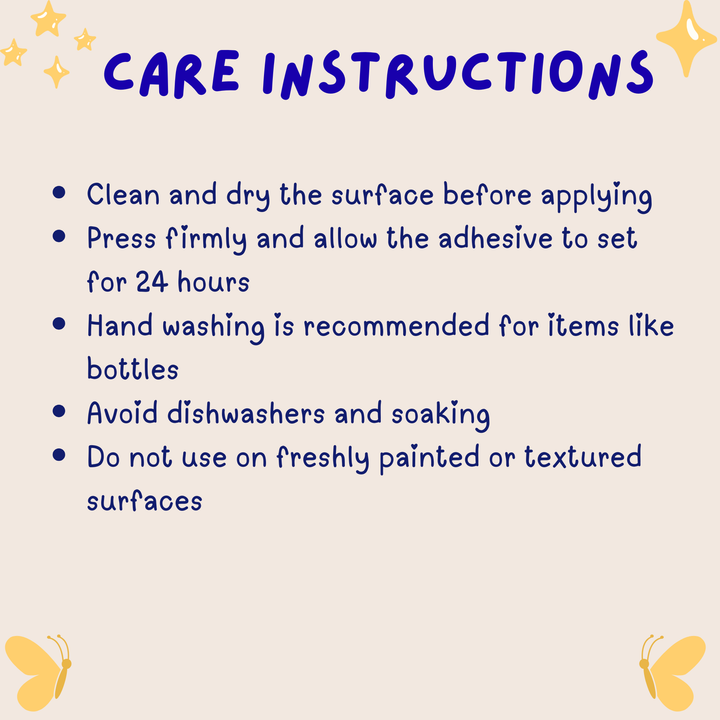 Care instructions text on a white background with decorative elements