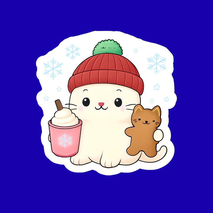 Cozy Winter Cat Vinyl Sticker – 3" Hot Cocoa &amp; Gingerbread Die-Cut Sticker - Designs by Mysh