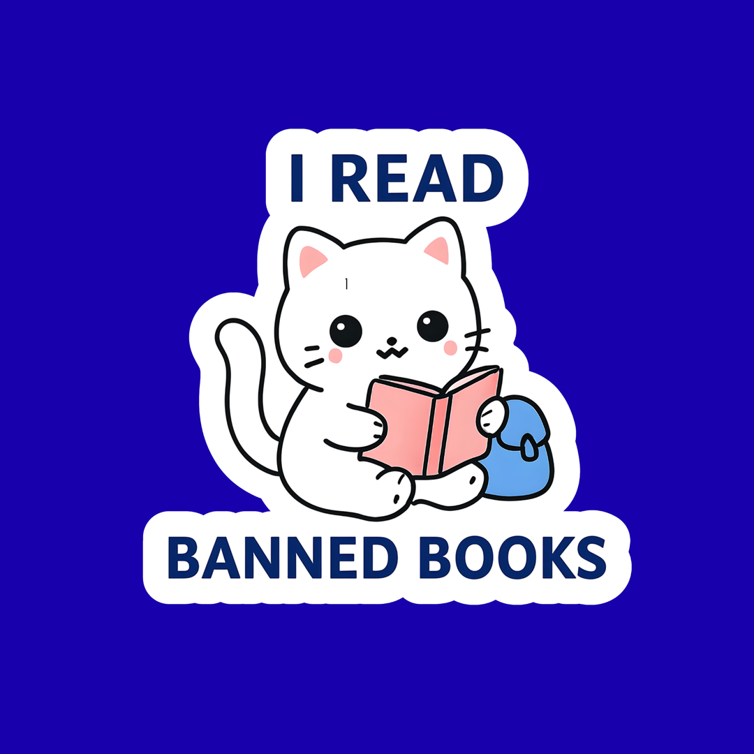 Sticker with a cat reading a book and 'I Read Banned Books' text on a blue background