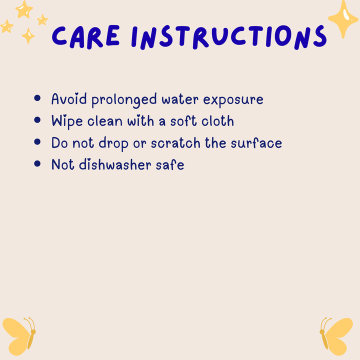 Care instructions text on a light background with decorative elements