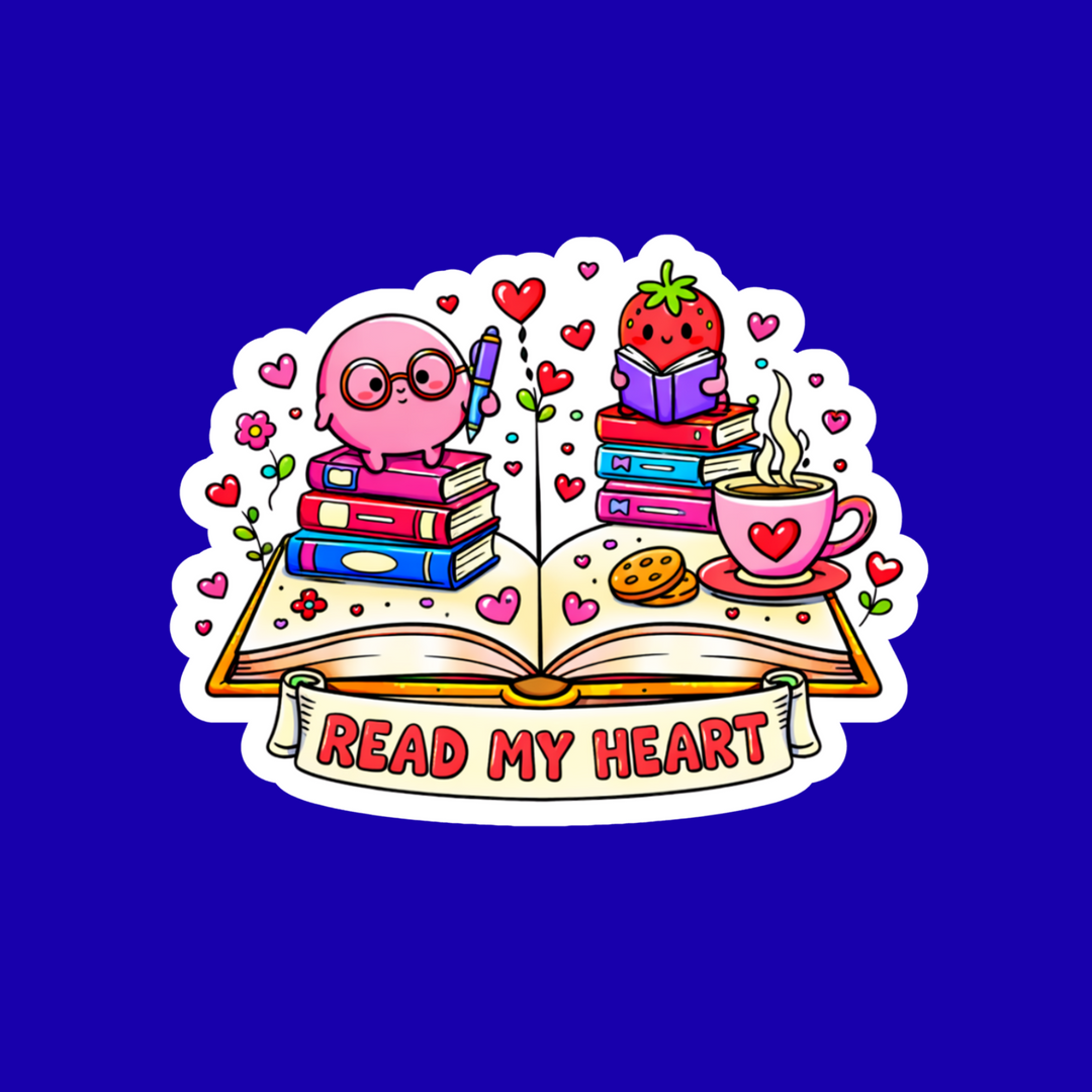 Cartoon character reading books with a heart on a blue background