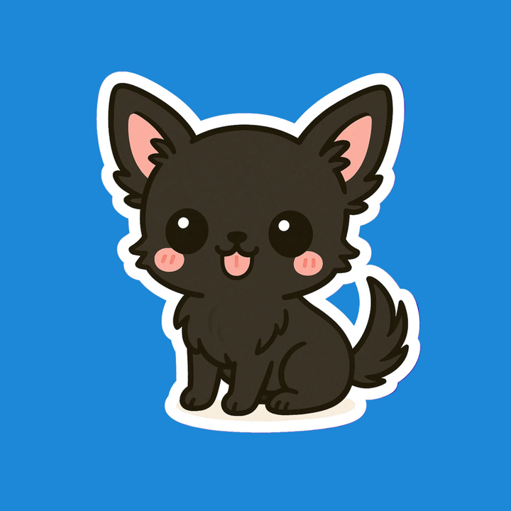 Cartoon black dog with pink ears and cheeks on a blue background