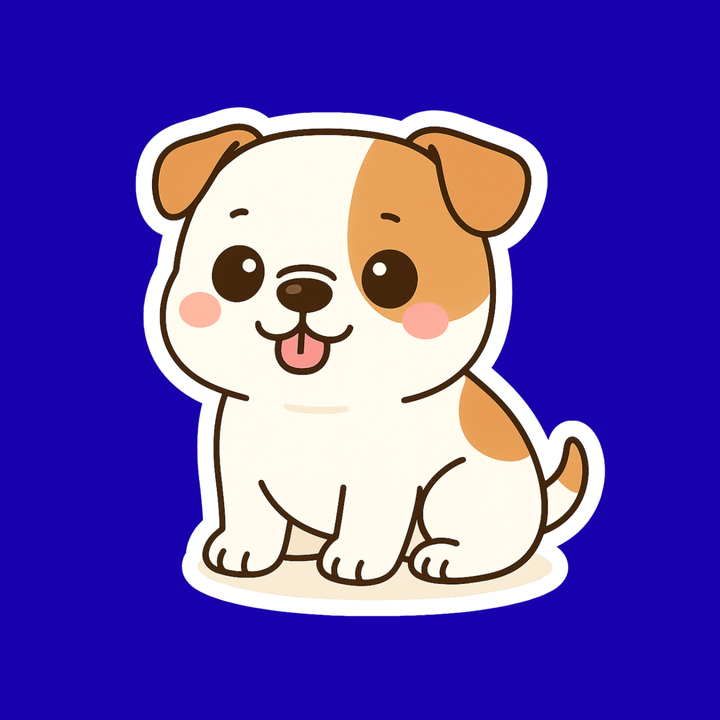Cartoon dog with brown and white fur on a blue background